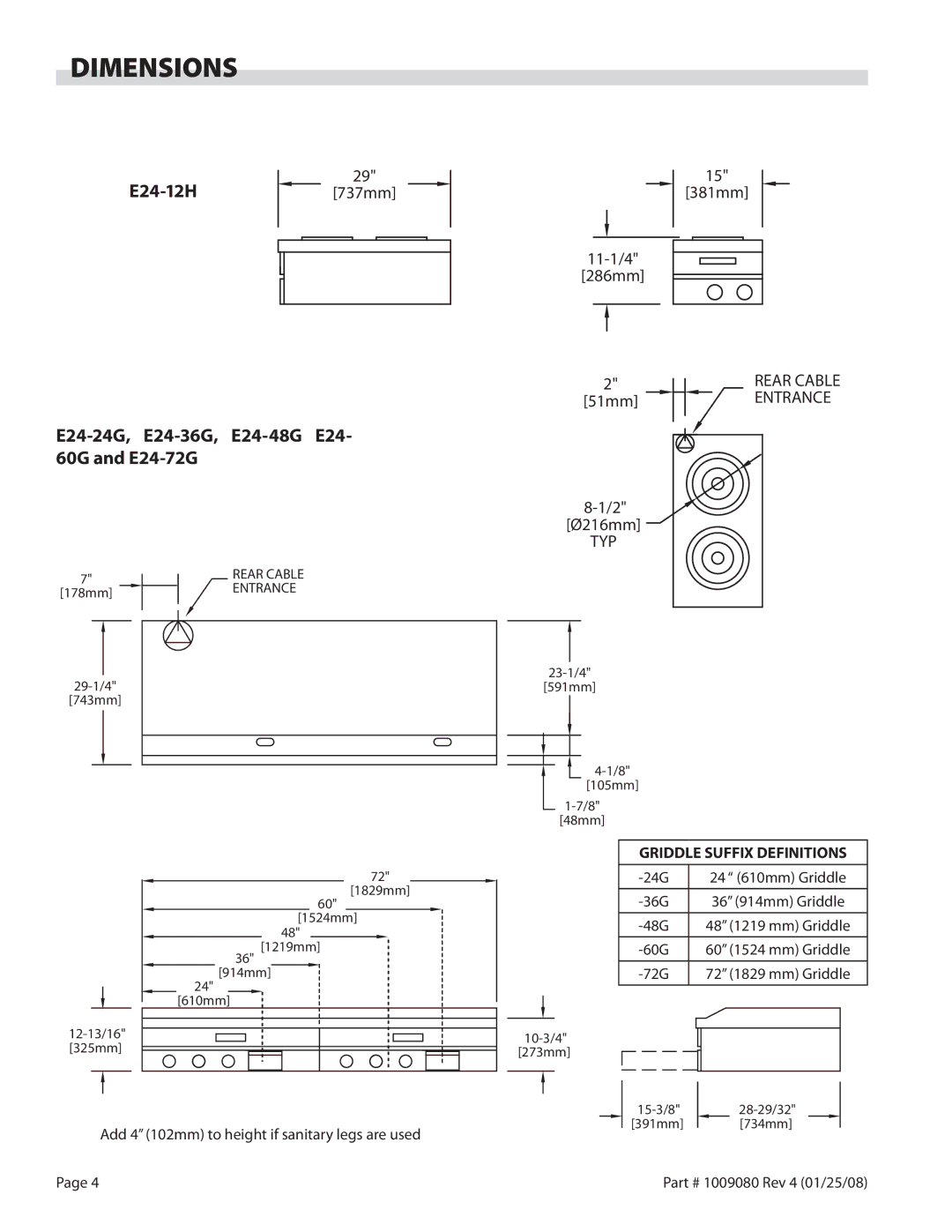 Garland E24-60G Dimensions, E24-12H, E24-24G, E24-36G, E24-48G E24- 60G and E24-72G, Griddle Suffix Definitions 