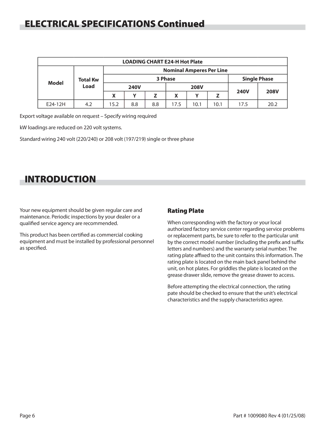 Garland E24-72G, E24-48G Introduction, Rating Plate, Loading Chart E24-H Hot Plate, Phase Single Phase Load 240V 208V 