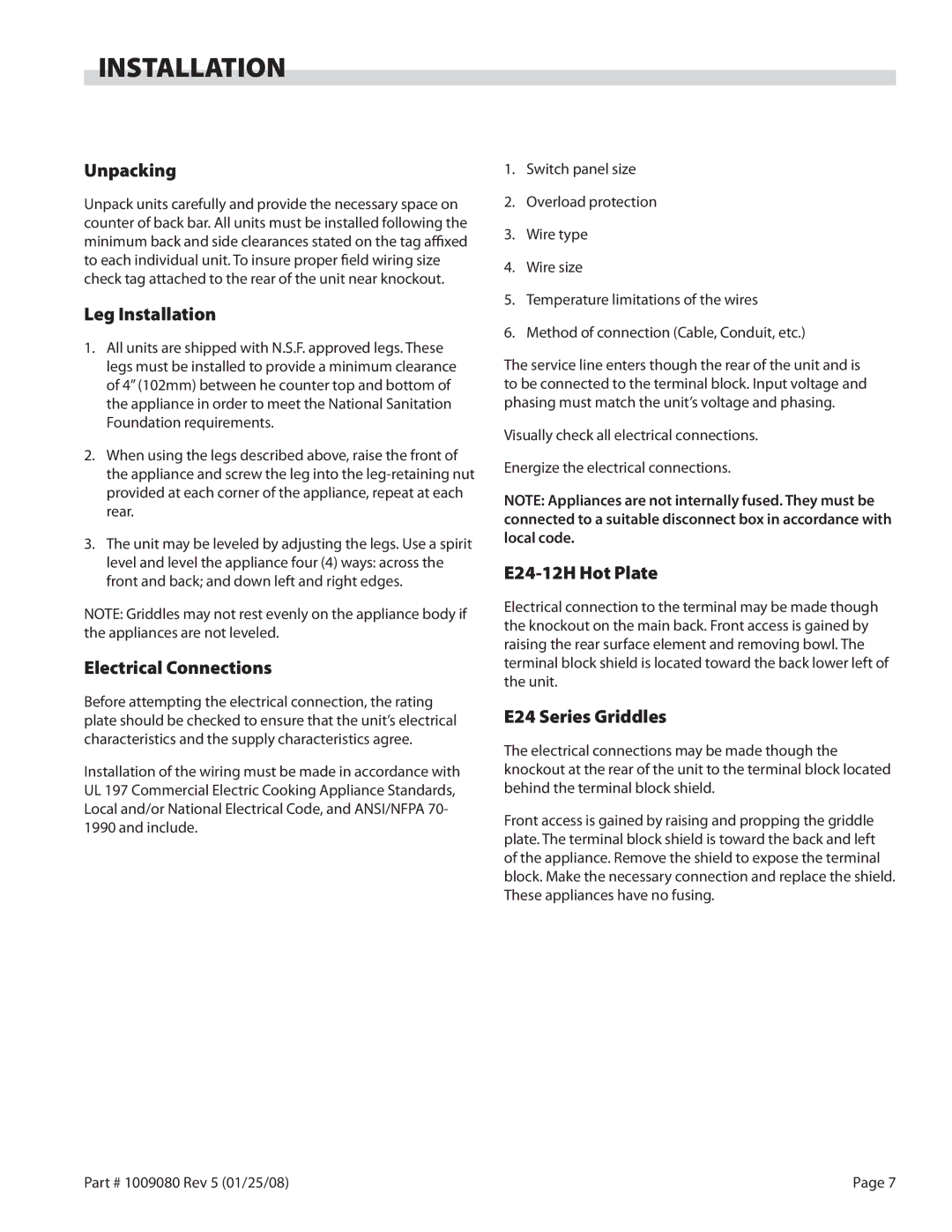 Garland E24-48G, E24-72G, E24-60G, E24-36G, E24-24G, E24-12H operation manual Installation 