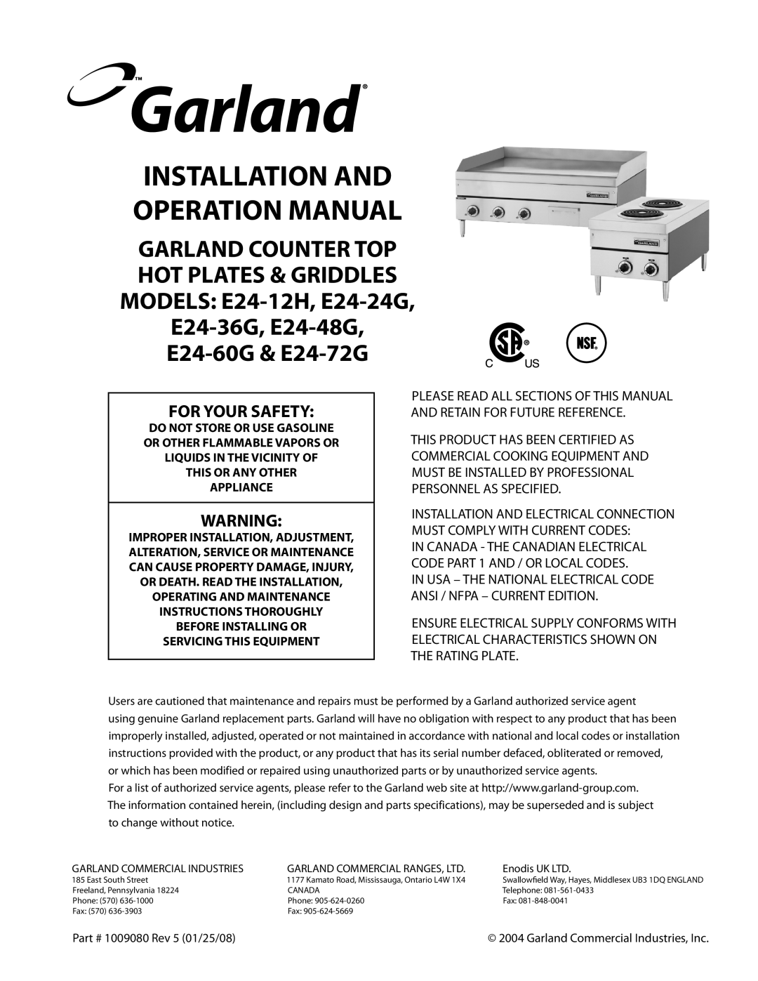 Garland E24-48G, E24-36G, E24-24G, E24-12H operation manual For Your Safety, E24-60G & E24-72G 