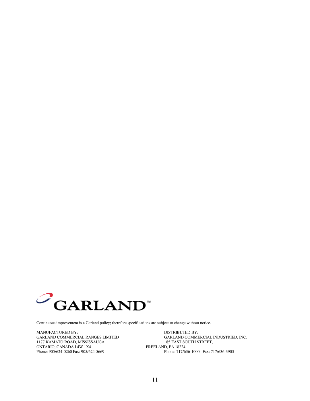 Garland ECG technical specifications Garland Commercial INDUSTRIED, INC 