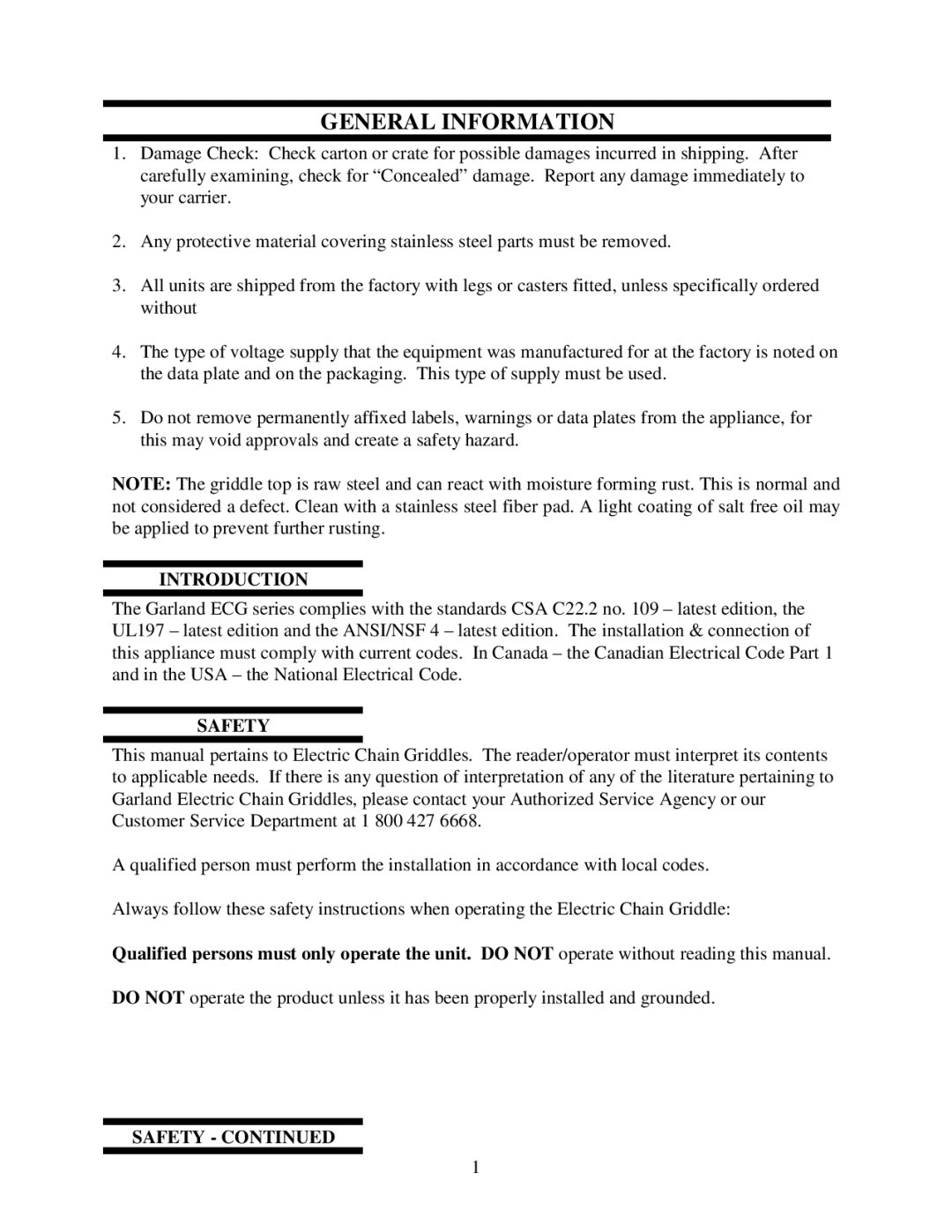 Garland ECG technical specifications General Information, Introduction, Safety 