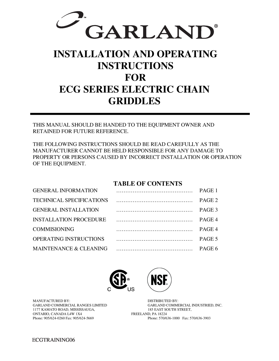 Garland ECG technical specifications Installation And Operating Instructions For, Ecg Series Electric Chain Griddles 