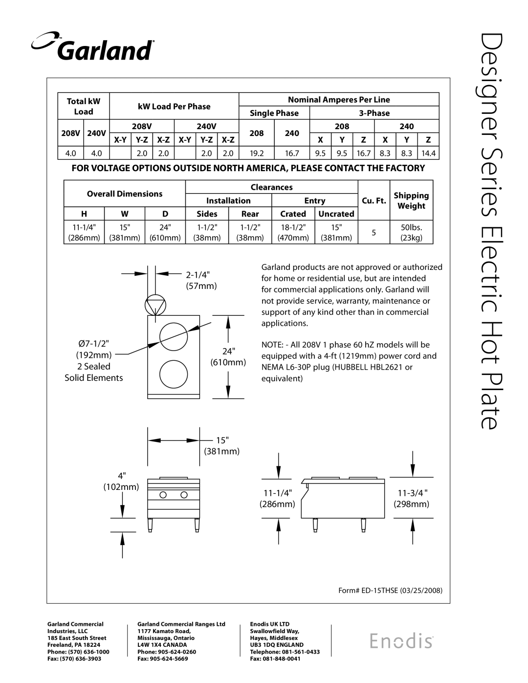 Garland specifications Hot Plate, Designer Series Electric, 57mm, Form# ED-15THSE 03/25/2008 