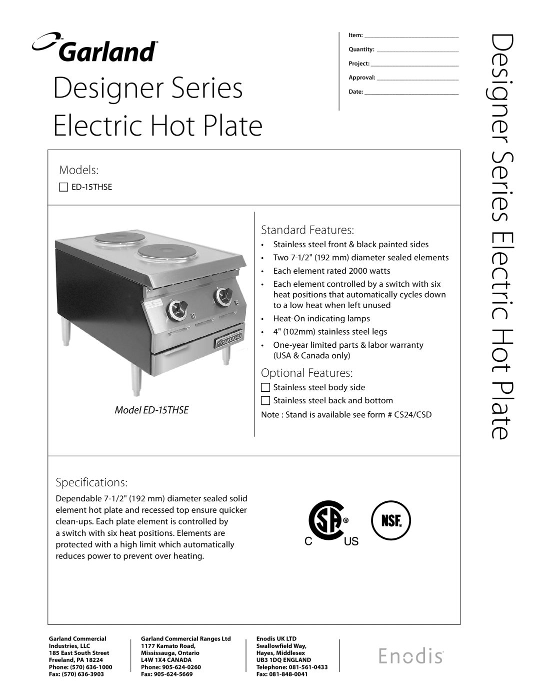 Garland ED-15THSE specifications Series Electric Hot Plate, Designer Series, Models, Standard Features, Specifications 