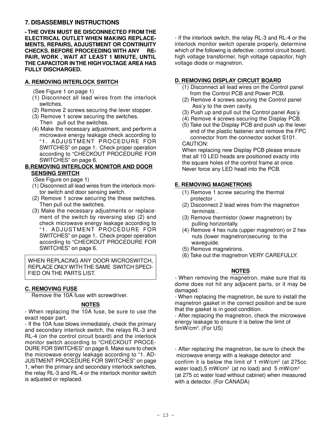 Garland EM-C180 service manual Disassembly Instructions, Removing Interlock Monitor and Door Sensing Switch, Removing Fuse 