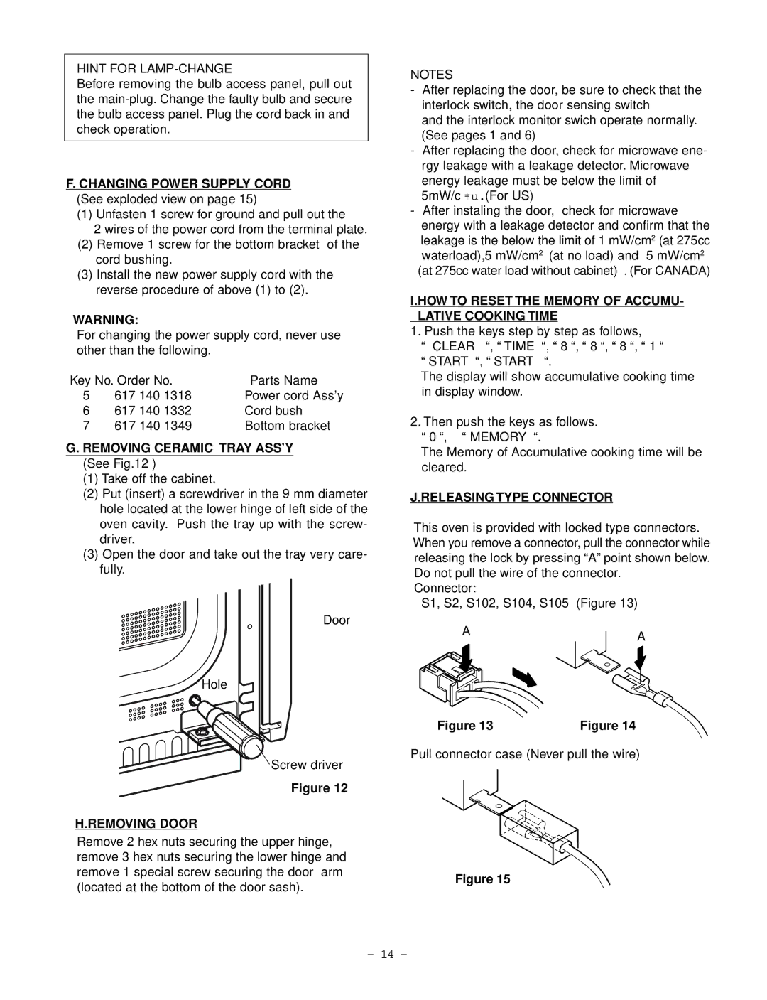 Garland EM-C180 Removing Ceramic Tray ASS’Y, HOW to Reset the Memory of ACCUMU- Lative Cooking Time, Removing Door 