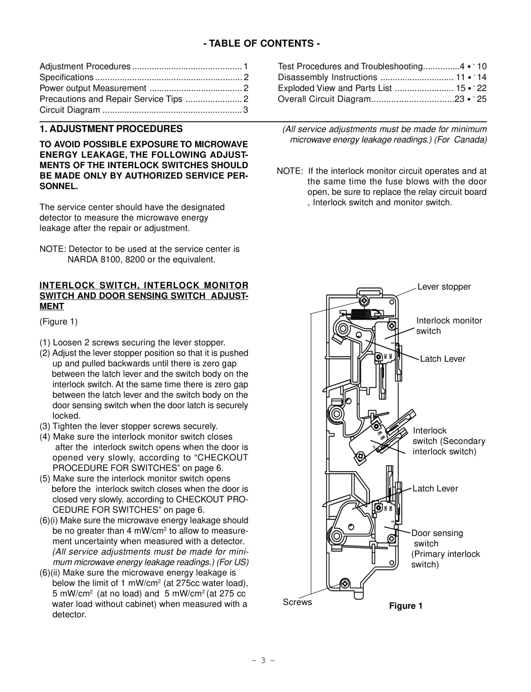 Garland EM-C180 service manual Table of Contents, Adjustment Procedures 