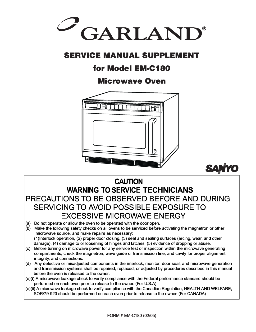 Garland EM-C180 service manual Warning To Service Technicians, Excessive Microwave Energy 
