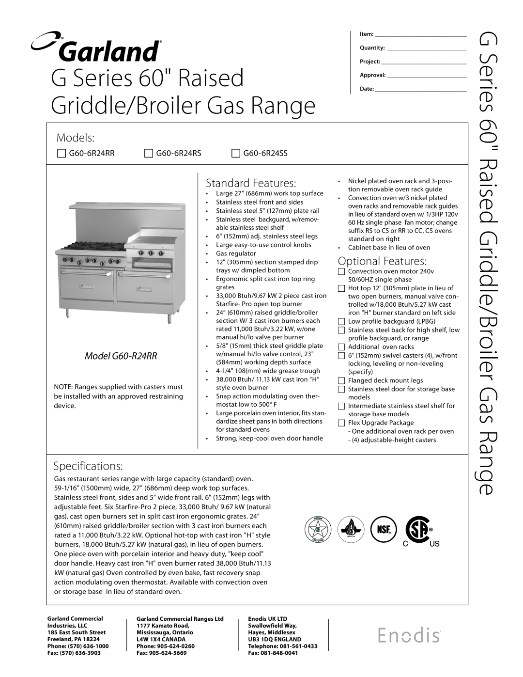 Garland specifications G Series 60 Raised, Griddle/Broiler Gas Range, Raised Griddle/Broiler Gas, Models 