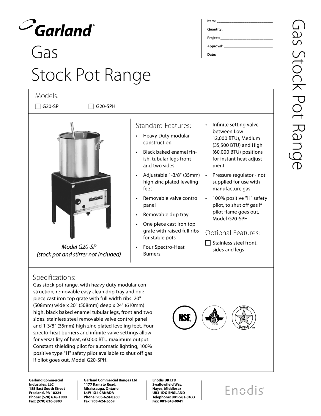 Garland G20-SPH specifications Gas Stock Pot Range, Models, Standard Features, Optional Features, Specifications 