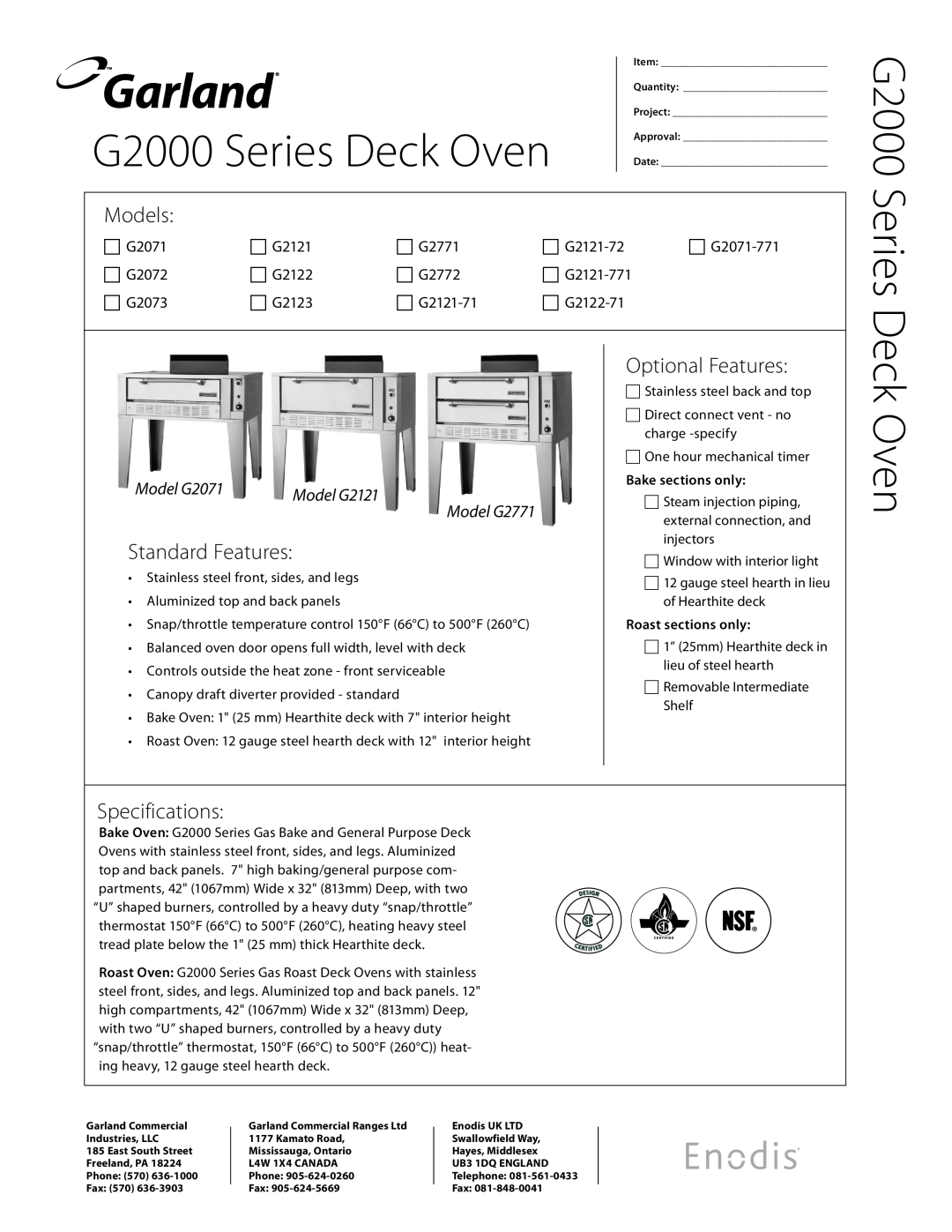 Garland specifications G2000 Series Deck Oven, Models, Standard Features, Optional Features, Specifications 