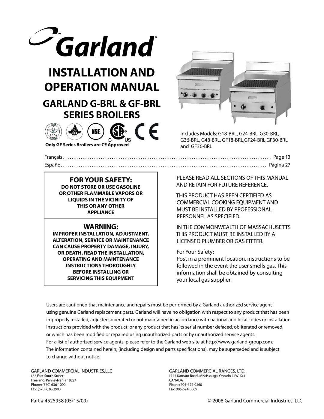 Garland G18-BRL, G24-BRL manual For Your Safety 