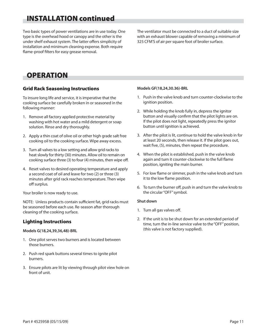 Garland G18-BRL, G24-BRL manual Operation, Grid Rack Seasoning Instructions, Lighting Instructions 