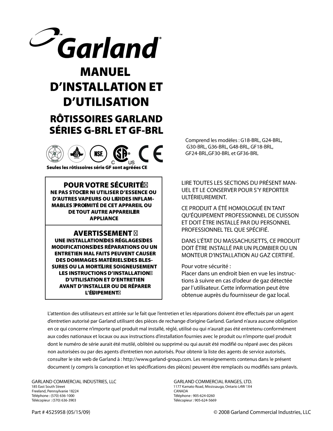 Garland G18-BRL, G24-BRL manual Pour Votre Sécurité, Avertissement, Pièce nº 4525958 05/15/09 