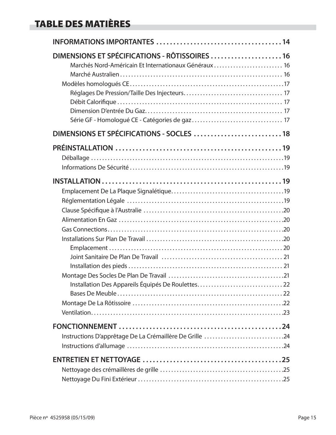 Garland G18-BRL, G24-BRL manual Table DES Matières, Informations Importantes, Préinstallation, Fonctionnement 