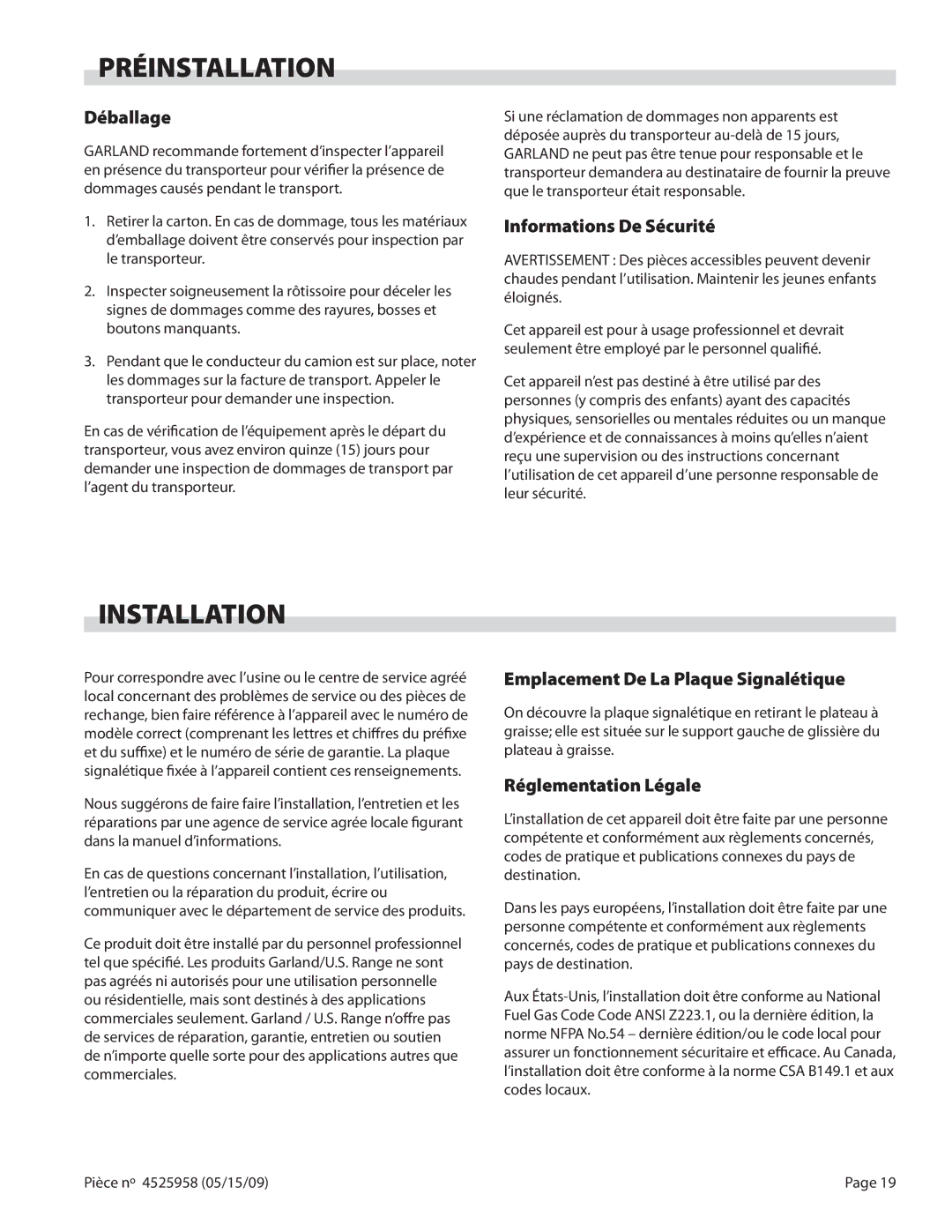 Garland G18-BRL, G24-BRL manual Préinstallation, Déballage, Informations De Sécurité, Emplacement De La Plaque Signalétique 