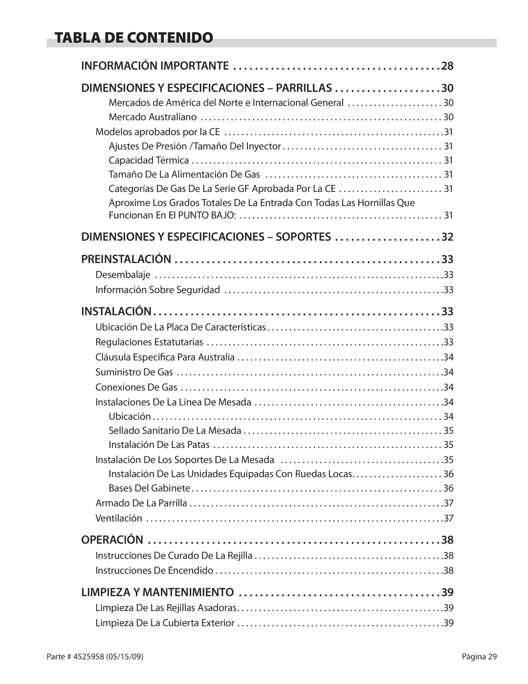 Garland G18-BRL, G24-BRL manual Tabla DE Contenido 