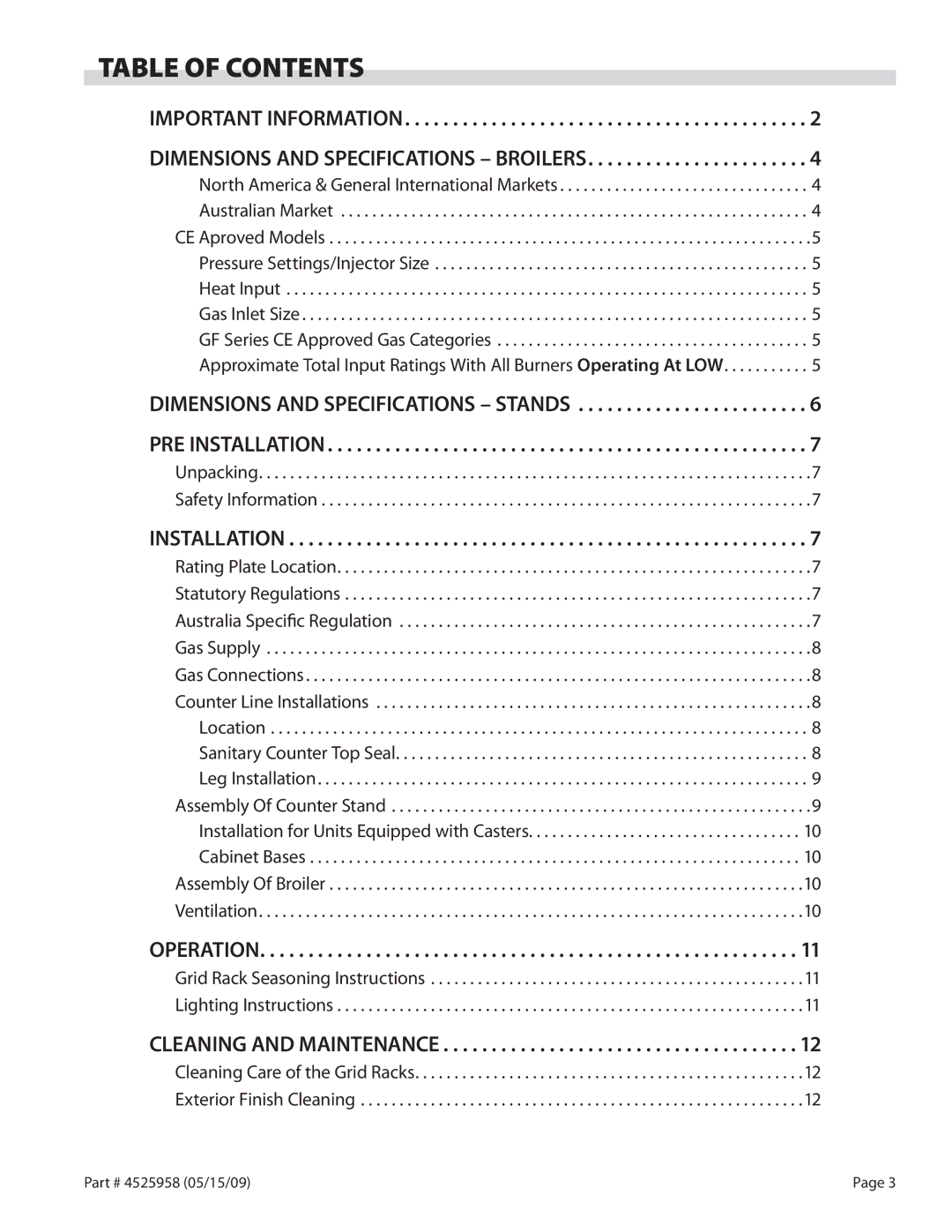 Garland G18-BRL, G24-BRL manual Table of Contents 