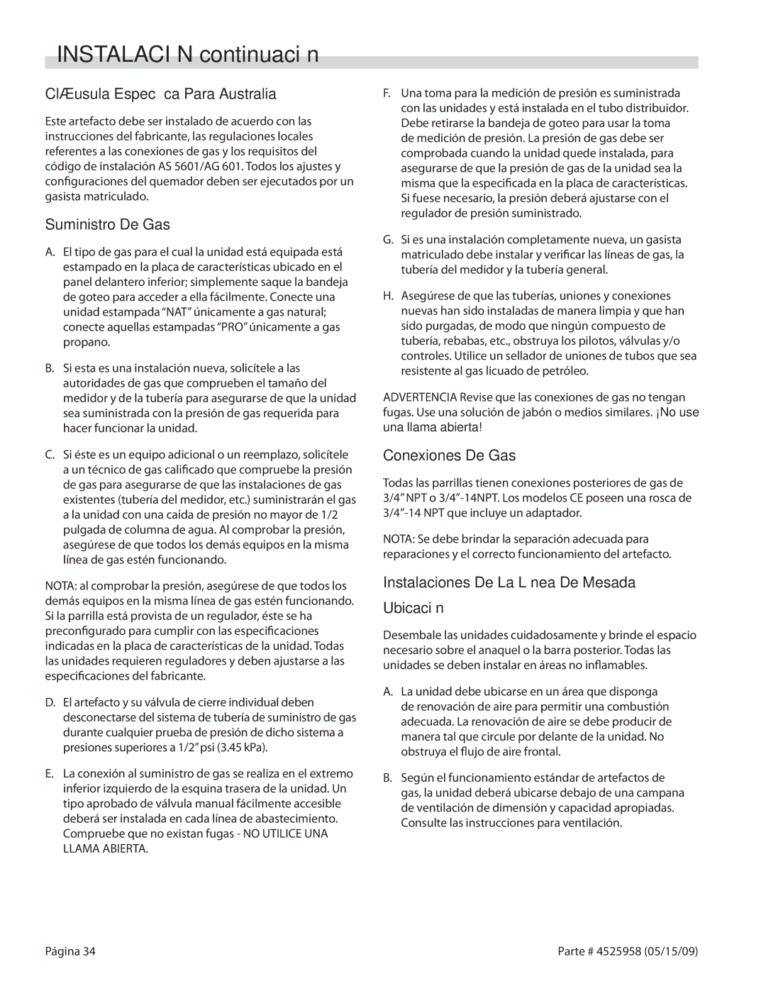 Garland G24-BRL, G18-BRL manual Cláusula Específica Para Australia, Suministro De Gas, Conexiones De Gas 