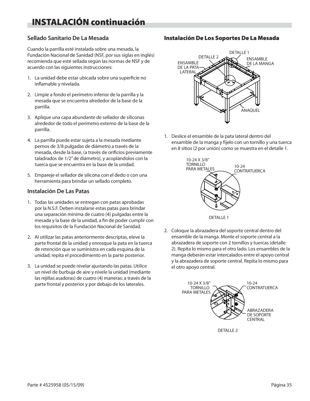 Garland G18-BRL manual Sellado Sanitario De La Mesada, Instalación De Las Patas, Instalación De Los Soportes De La Mesada 