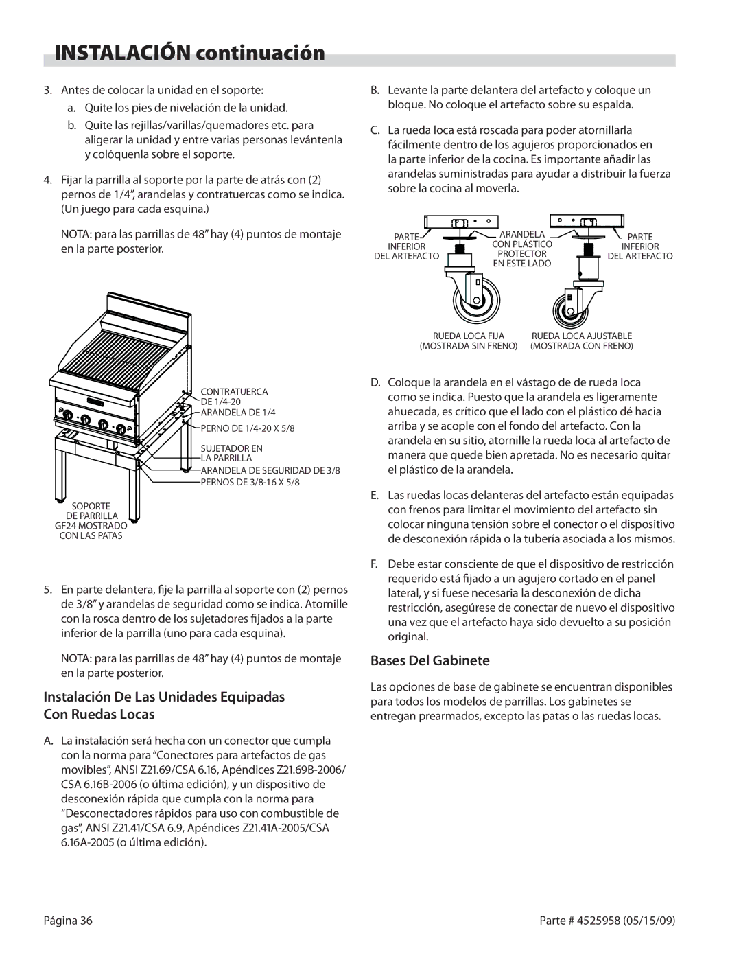 Garland G24-BRL, G18-BRL manual Instalación De Las Unidades Equipadas Con Ruedas Locas, Bases Del Gabinete 