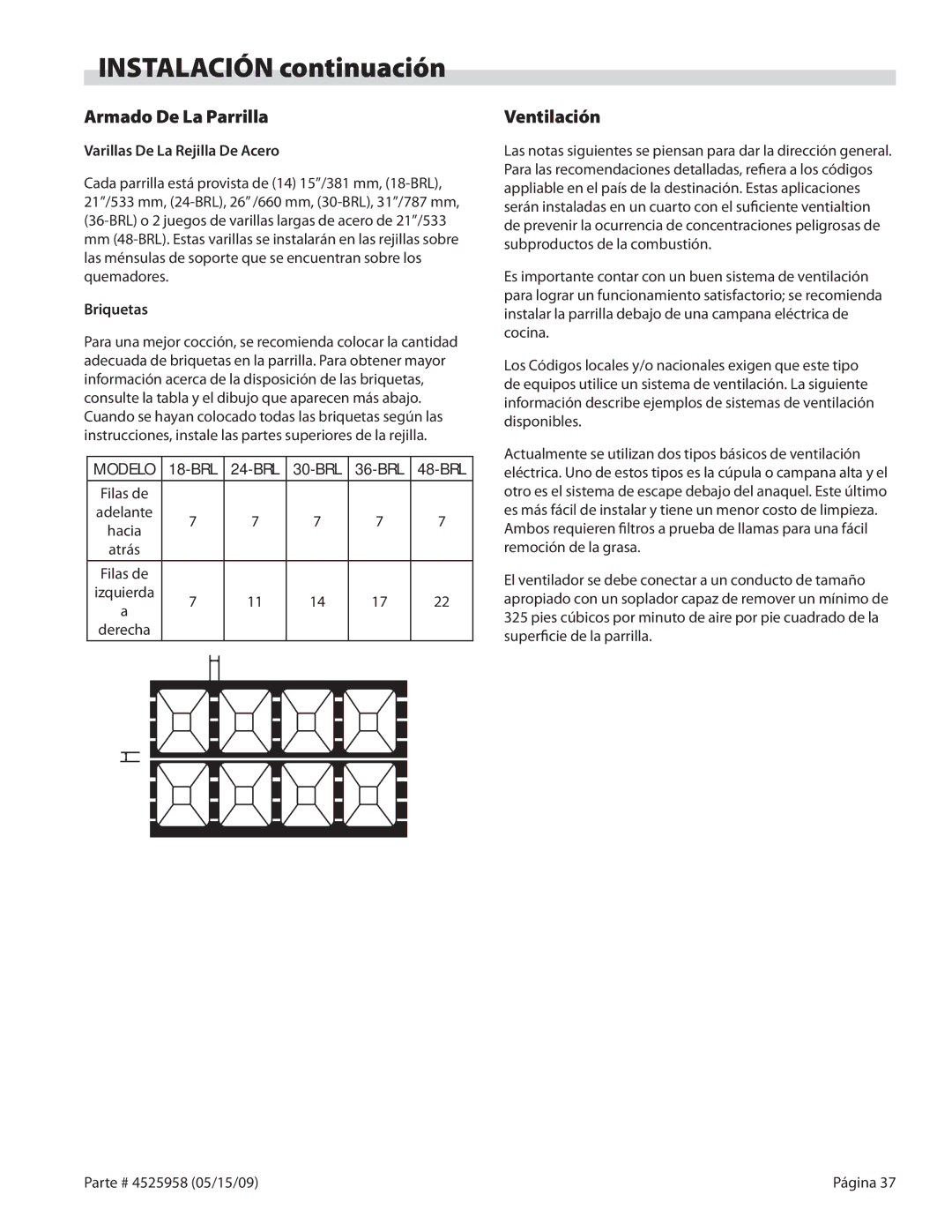 Garland G18-BRL, G24-BRL manual Armado De La Parrilla, Ventilación, Varillas De La Rejilla De Acero, Briquetas, Adelante 