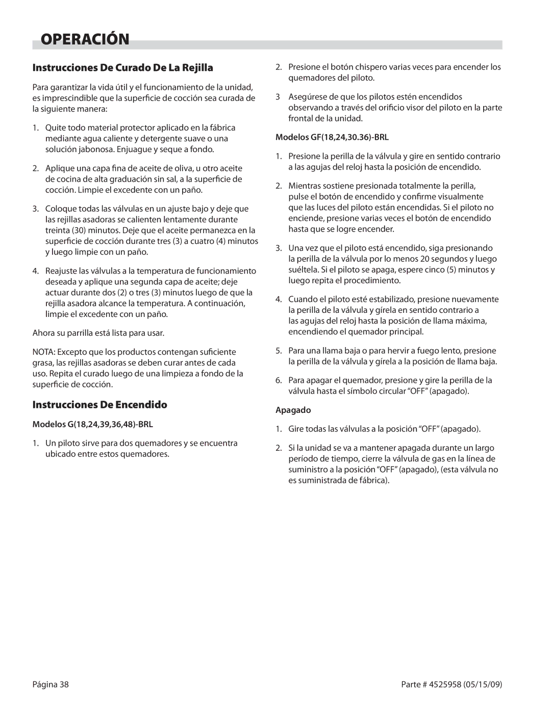 Garland G24-BRL, G18-BRL manual Operación, Instrucciones De Curado De La Rejilla, Instrucciones De Encendido 