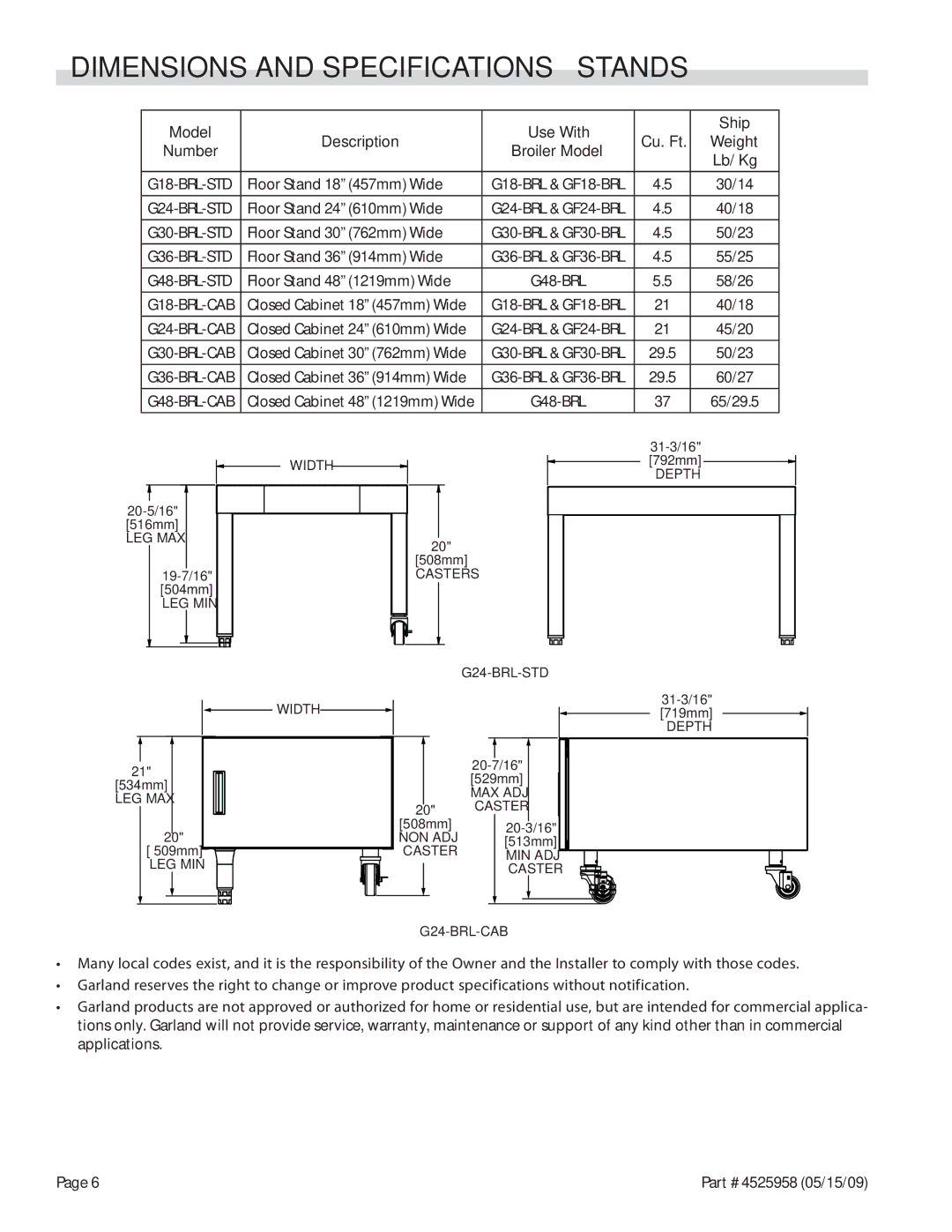 Garland G24-BRL, G18-BRL manual Dimensions and Specifications Stands, Model Use With Ship Description Cu. Ft 