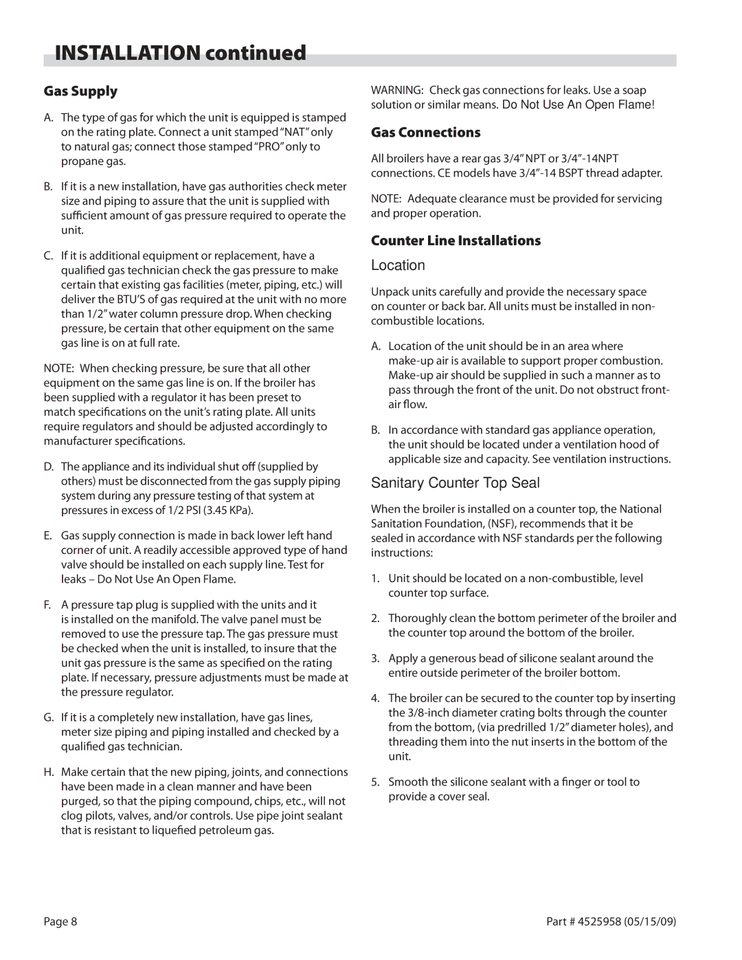 Garland G24-BRL, G18-BRL manual Gas Supply, Gas Connections, Counter Line Installations Location, Sanitary Counter Top Seal 