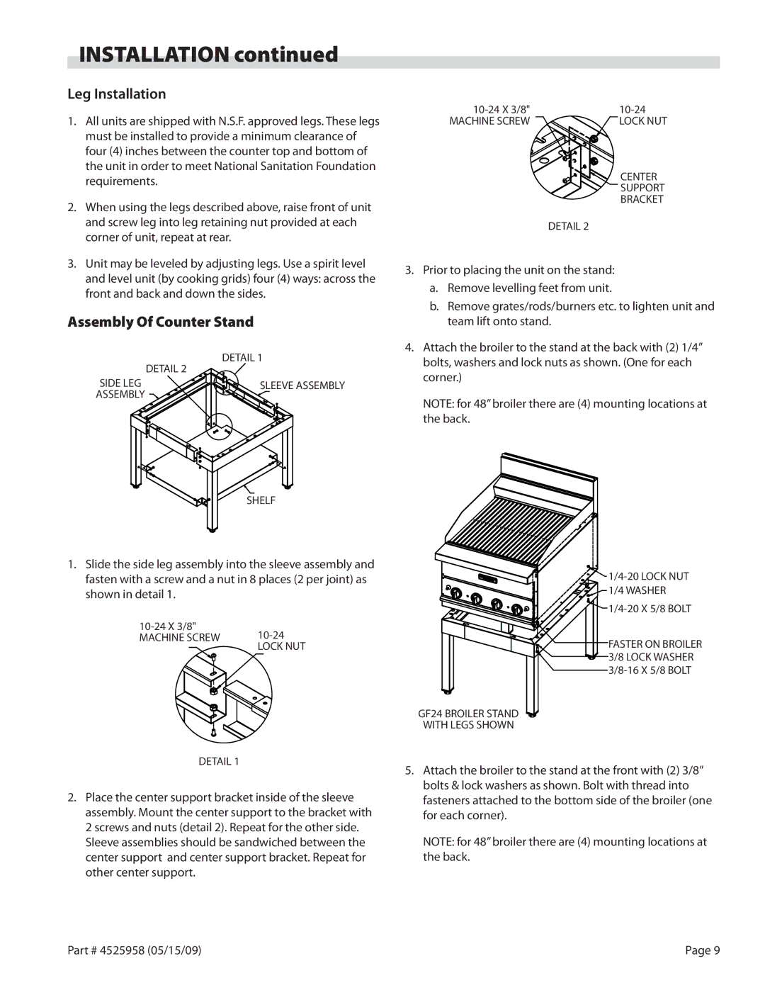 Garland G18-BRL, G24-BRL manual Leg Installation, Assembly Of Counter Stand 