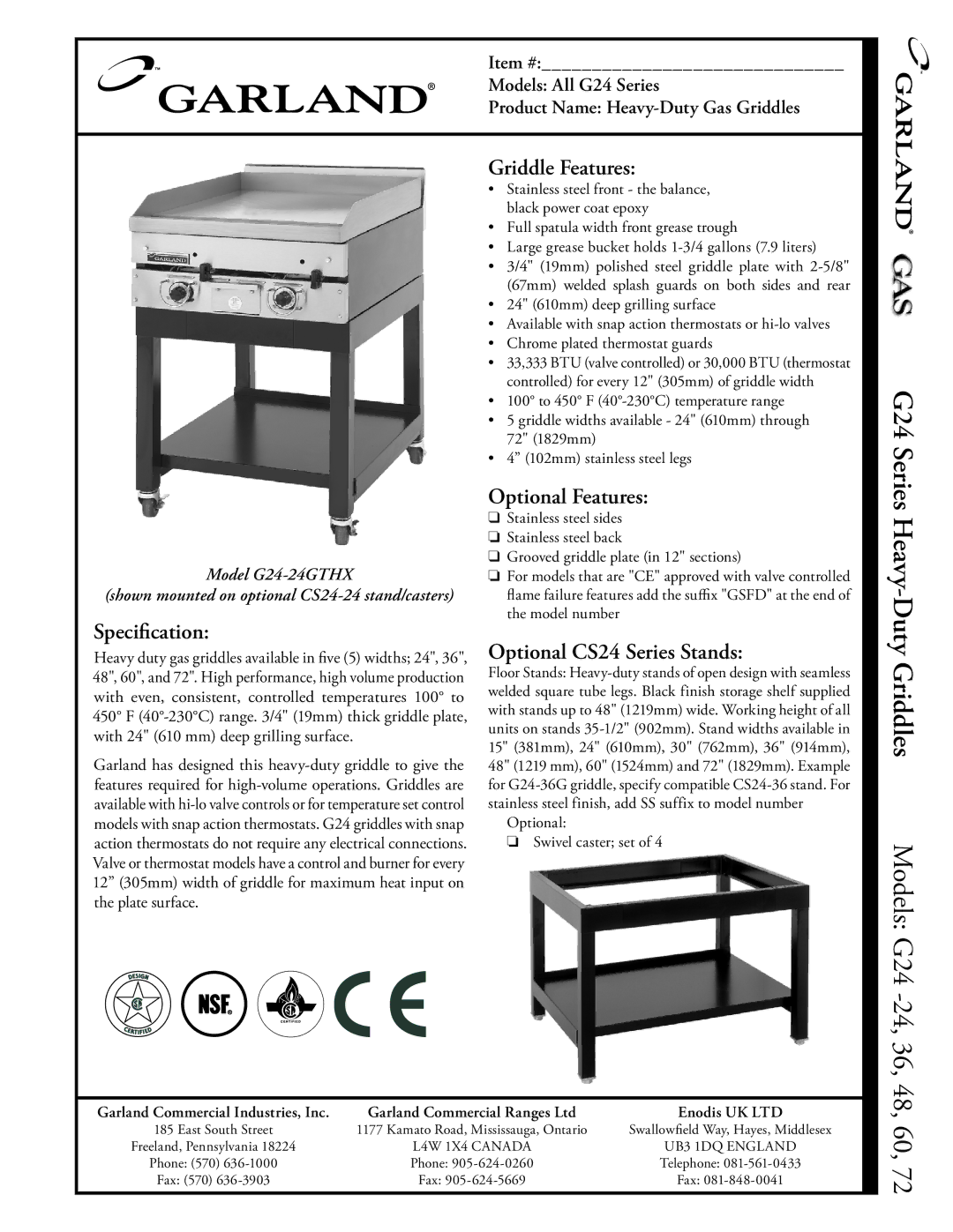 Garland manual G24 Series Heavy-Duty Griddles, Speciﬁcation, Griddle Features, Optional Features 