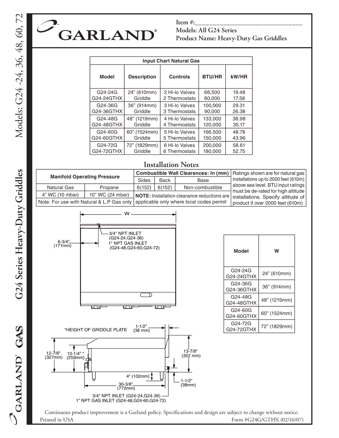 Garland G24 manual Griddles, Installation Notes 