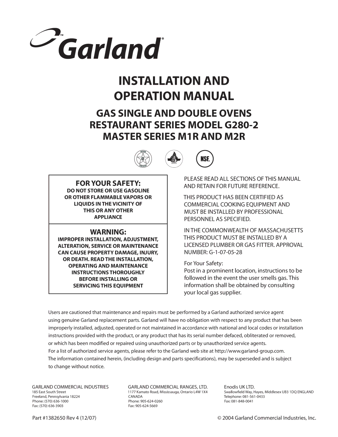 Garland G280-2 operation manual Installation 