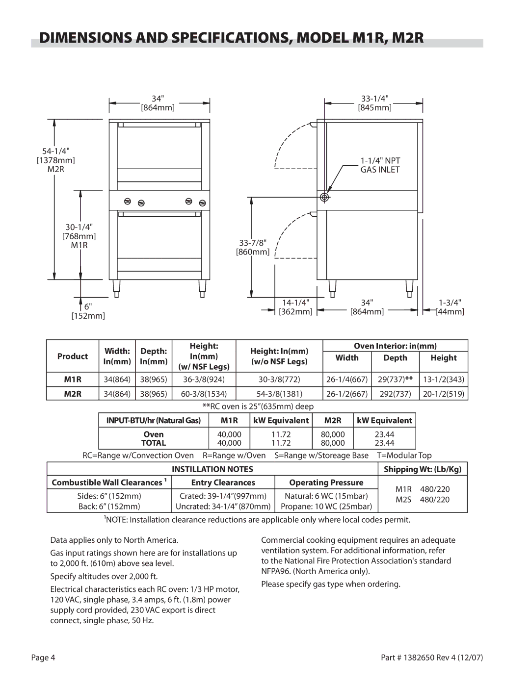 Garland G280-2 Dimensions and SPECIFICATIONS, Model M1R, M2R, Width Depth Height Height Inmm Oven Interior inmm Product 