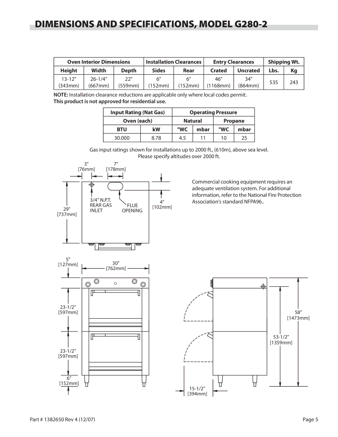 Garland operation manual Dimensions and SPECIFICATIONS, Model G280-2 