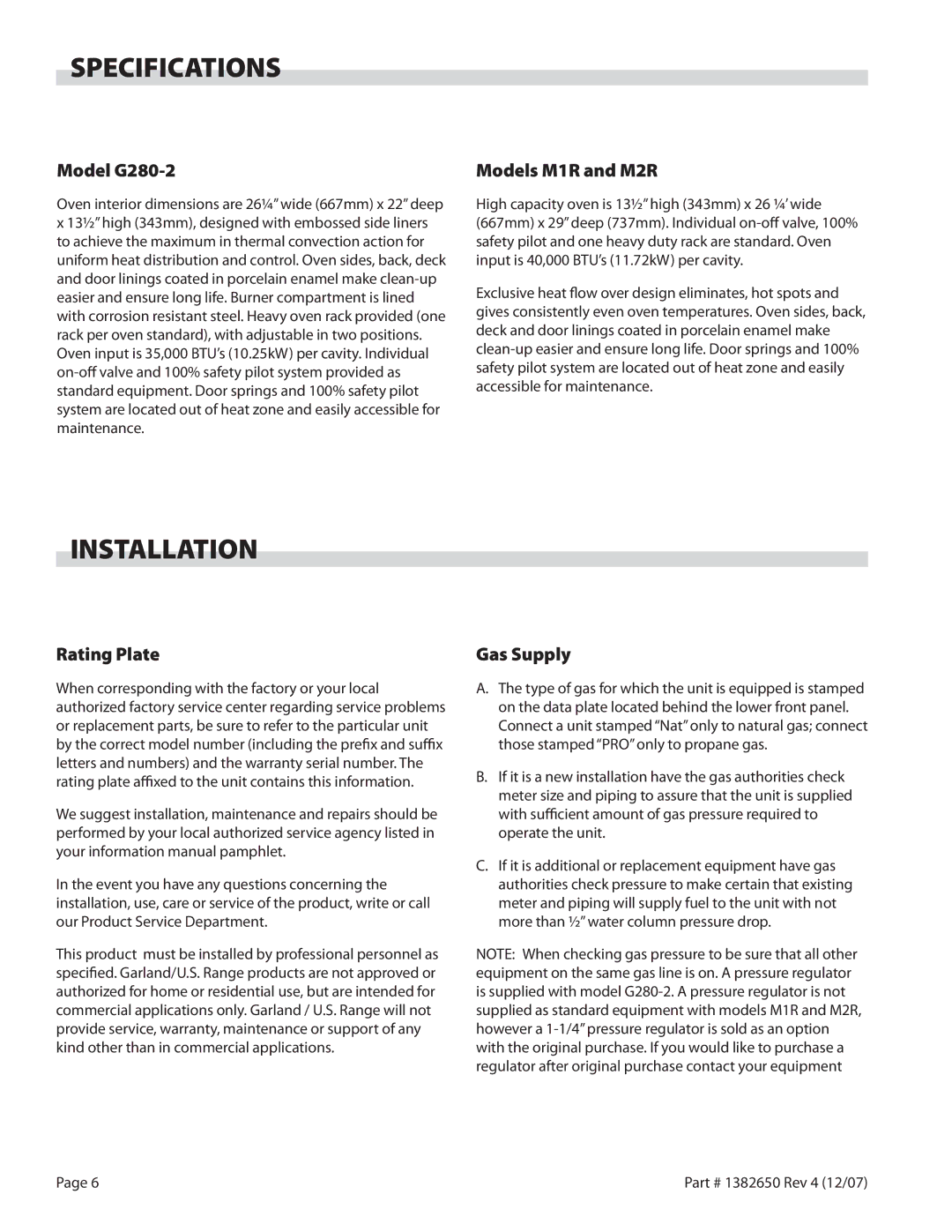 Garland G280-2 operation manual Specifications, Installation 