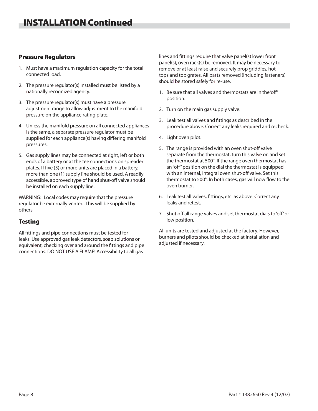 Garland G280-2 operation manual Pressure Regulators, Testing 