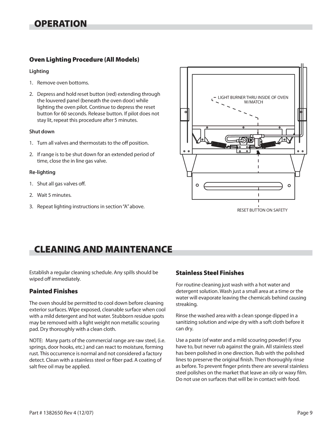 Garland G280-2 operation manual Operation, Cleaning and Maintenance, Oven Lighting Procedure All Models, Painted Finishes 