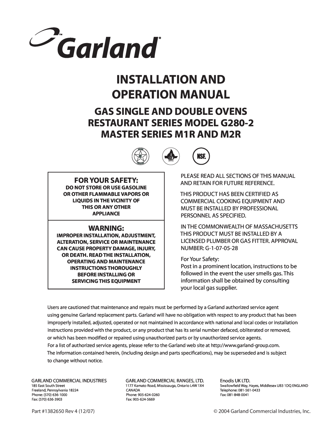 Garland G280-2 operation manual For Your Safety 