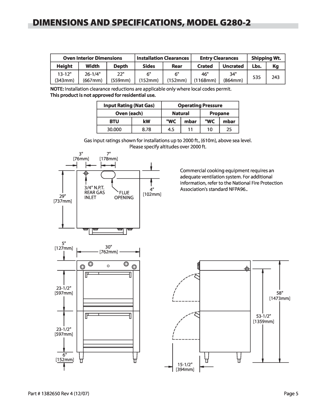 Garland operation manual DIMENSIONS AND SPECIFICATIONS, MODEL G280-2 