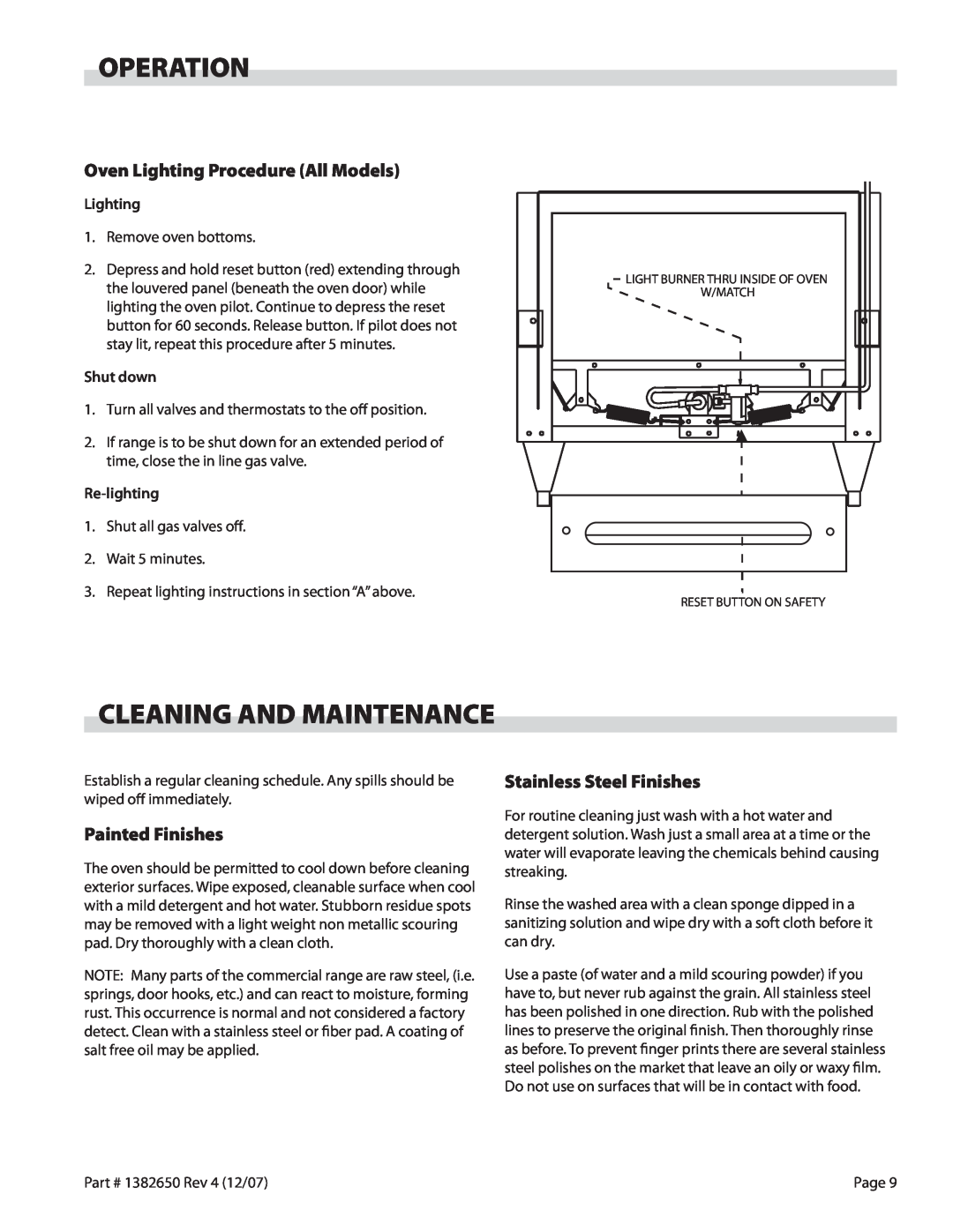 Garland G280-2 operation manual Operation, Cleaning And Maintenance, Oven Lighting Procedure All Models, Painted Finishes 