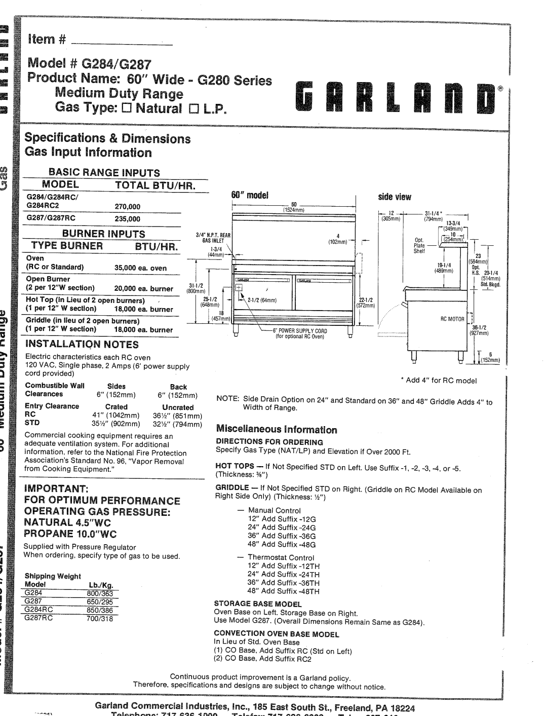 Garland G284, G287 manual 