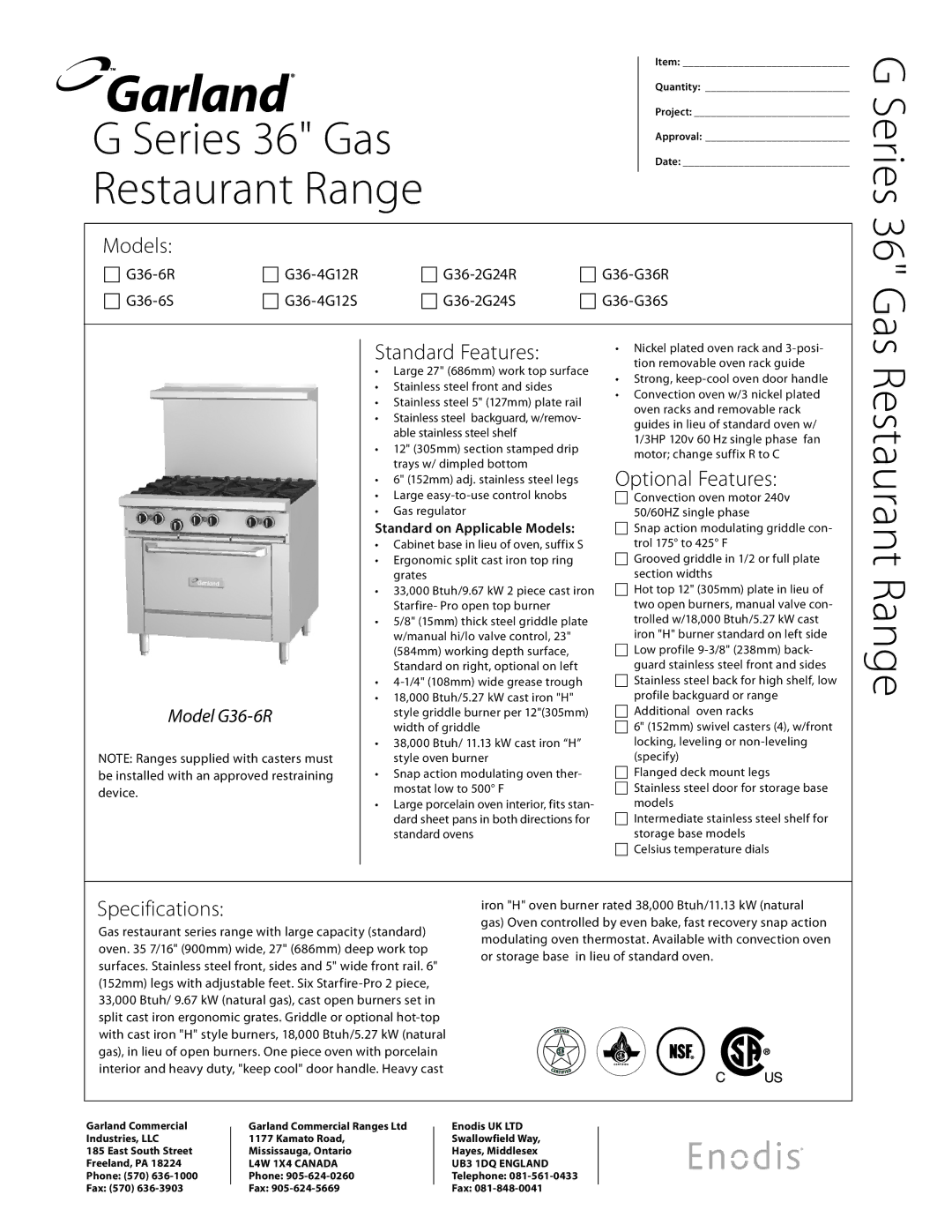 Garland G36-6S, G36-6R specifications Restaurant Range, Models, Standard Features, Optional Features, Specifications 