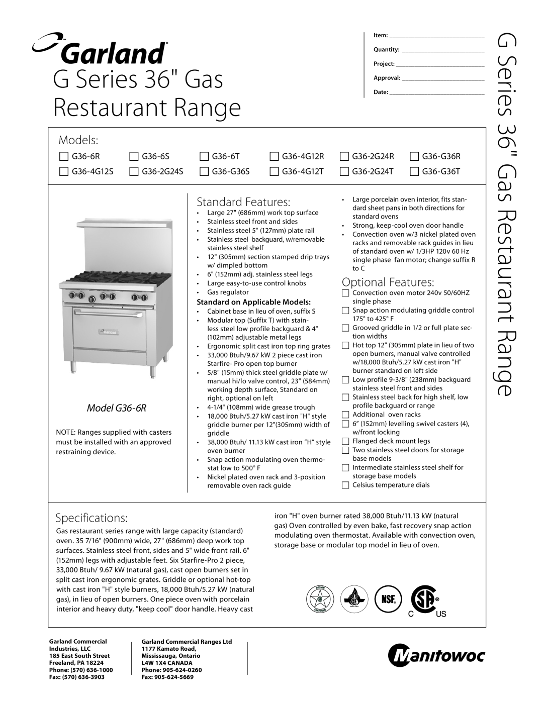 Garland G36-6S specifications G Series 36 Gas Restaurant Range, Models, Standard Features, Optional Features 
