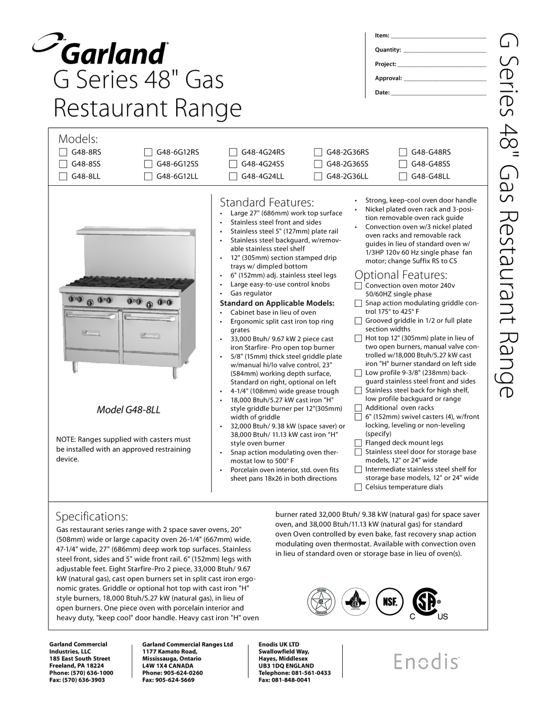 Garland G48-2G36SS, G48-4G24LL, G48-4G24RS specifications Models, Standard Features, Optional Features, Specifications 