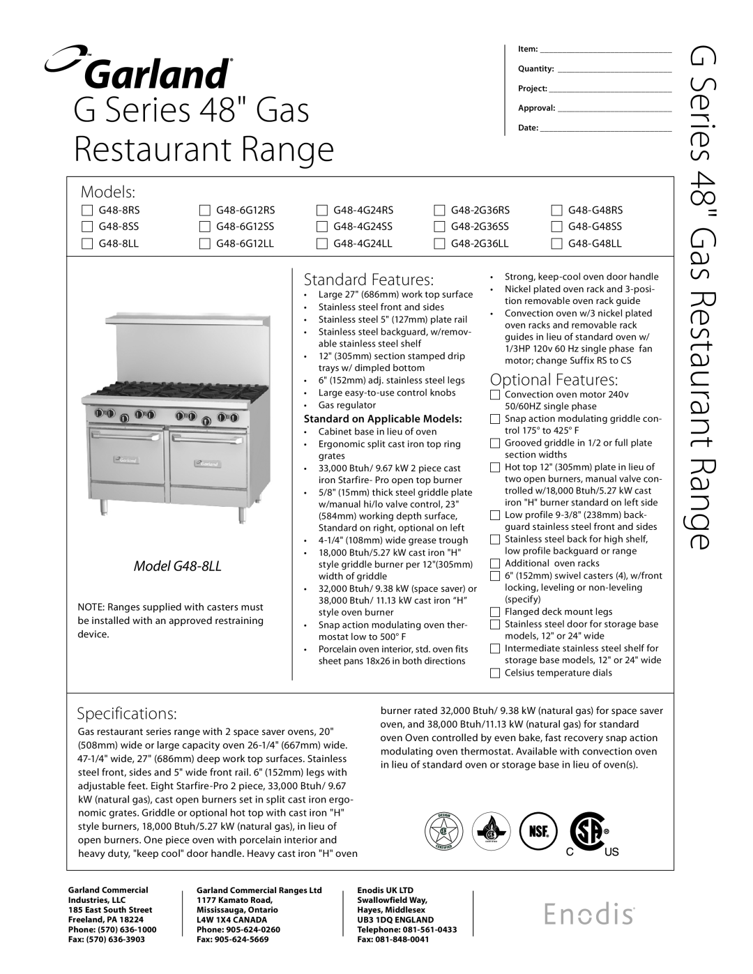 Garland G48-2G36SS, G48-8LL specifications Restaurant Range, G Series 48 Gas, Models, Standard Features, Optional Features 