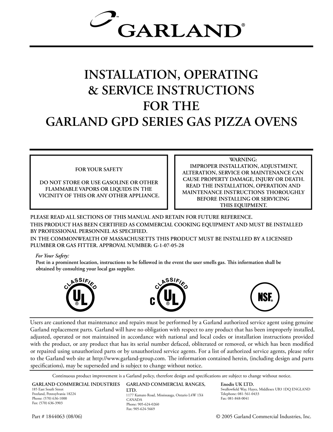 Garland GAS PIZZA OVENS installation instructions For Your Safety 