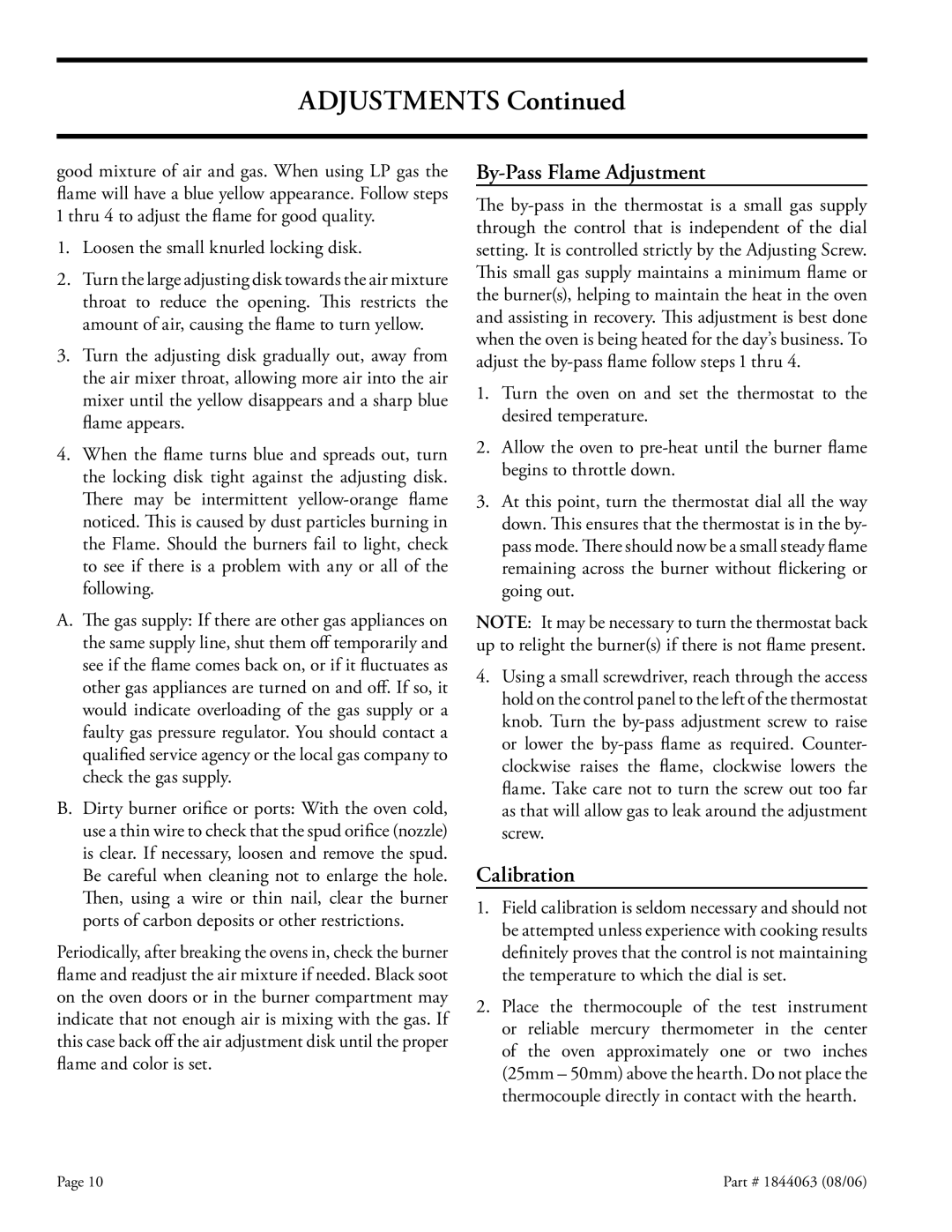 Garland GAS PIZZA OVENS installation instructions Adjustments, By-Pass Flame Adjustment, Calibration 