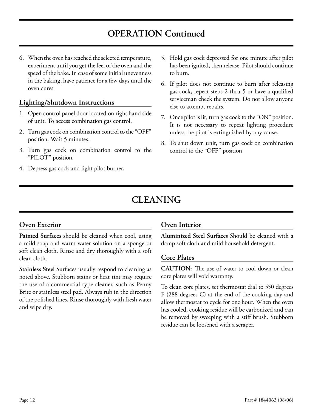 Garland GAS PIZZA OVENS installation instructions Operation, Cleaning 